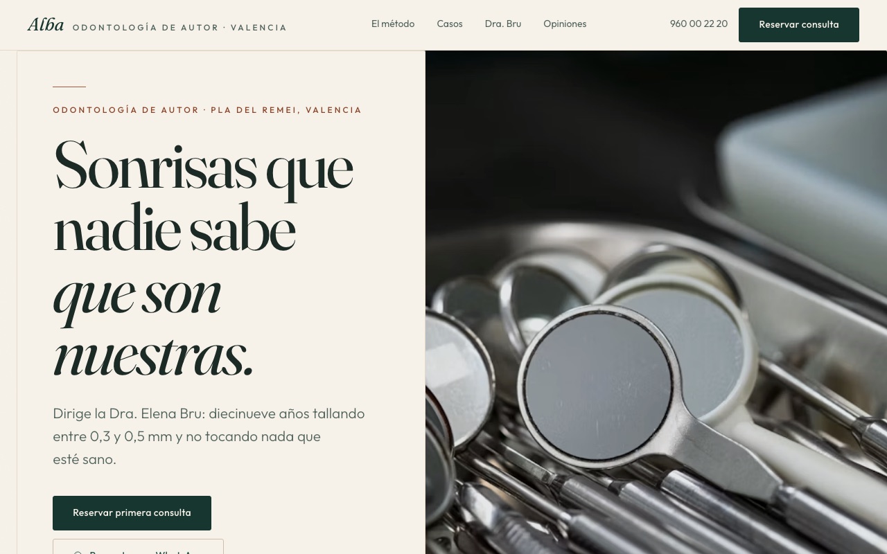 Portada de la web de muestra de Clínica Alba: titular sobre sonrisas que no se notan y primer plano de instrumental dental de acero