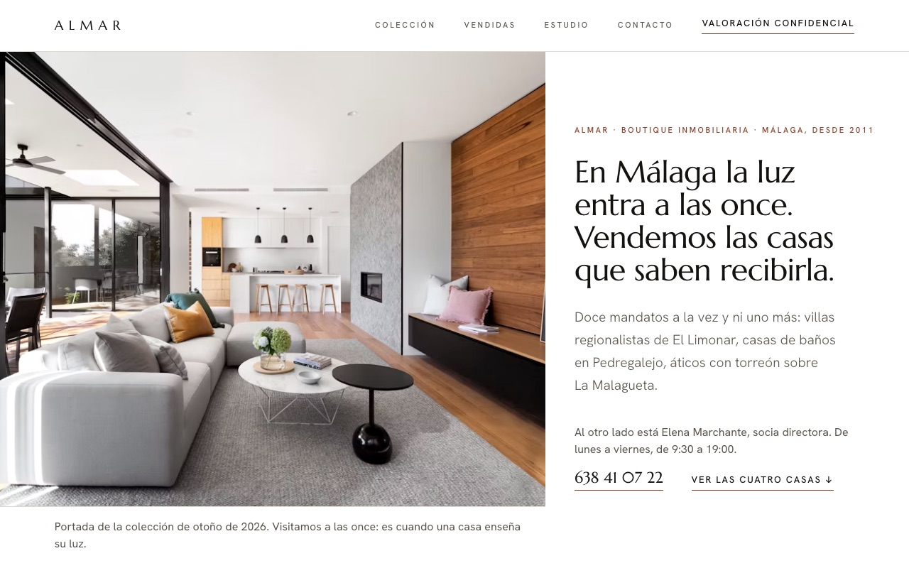 Portada de la web de muestra de Almar: salón de una villa de 1934 en El Limonar con el titular a la derecha