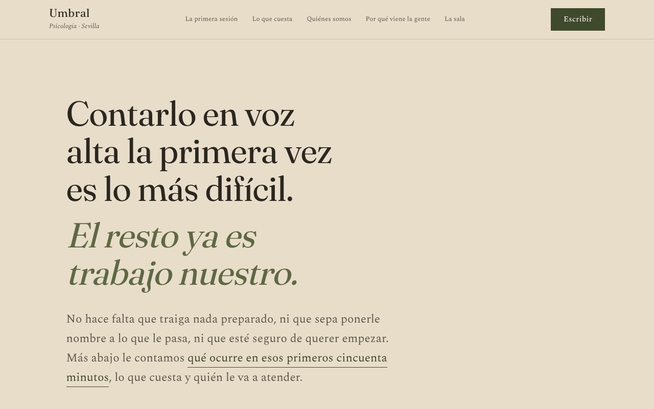 Portada de la web de muestra de UMBRAL: titular sobre la primera sesión y ventana abierta de la sala