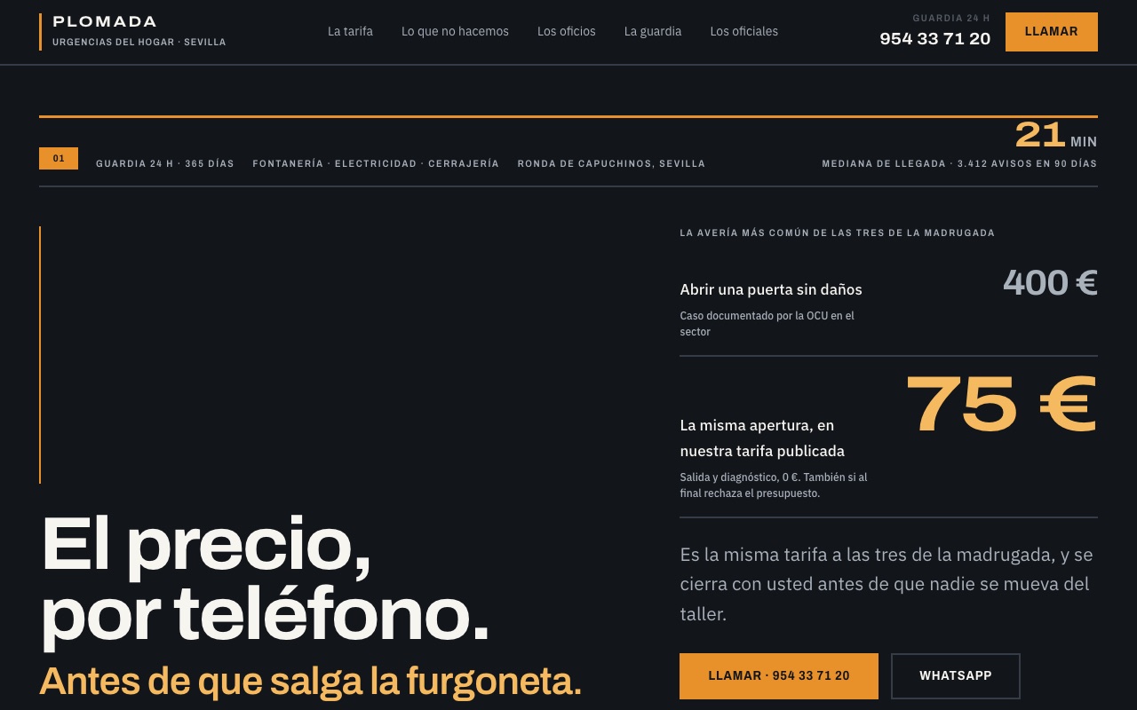 Portada de la web de muestra de PLOMADA: titular sobre el precio por teléfono y comparativa de tarifas en ámbar sobre fondo azul marino